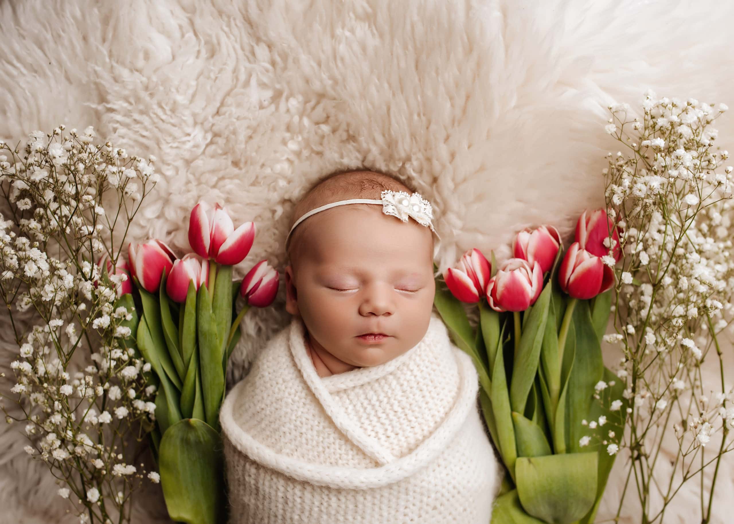 newborn baby girl posed with tulips for newborn portrait in photography studio, prince george,
