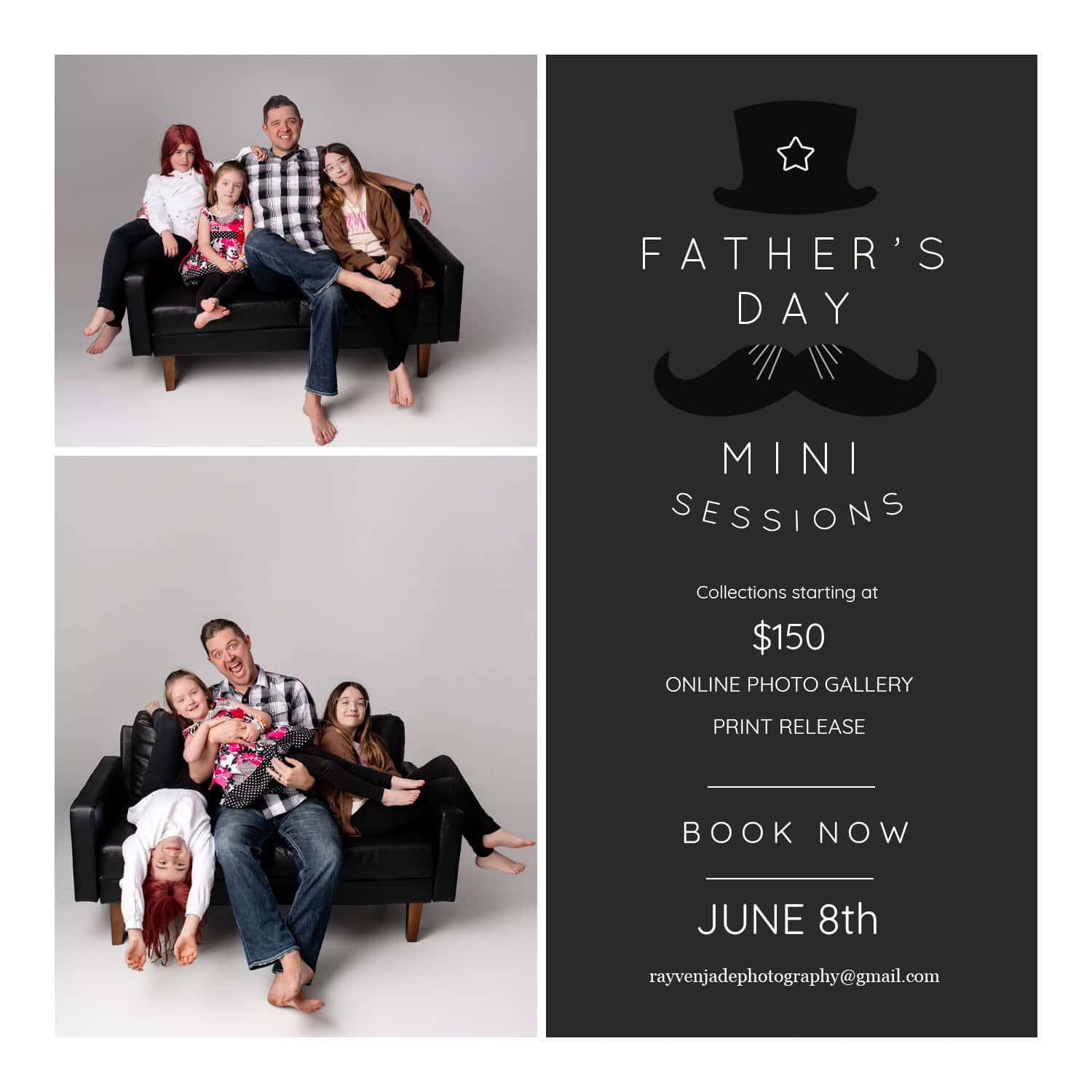 fathers day photo session ad featuring a dad and his 3 girls having a silly and fun time together